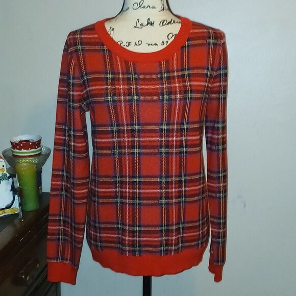 J. Crew Red and Black Tartan Crew Neck Sweater - Picture 7 of 10